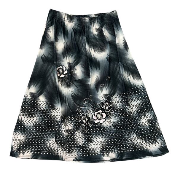 Floral Rose Print Shimmer Gray Black Stretchy Midi Skirt Women’s Size XL - Picture 1 of 9